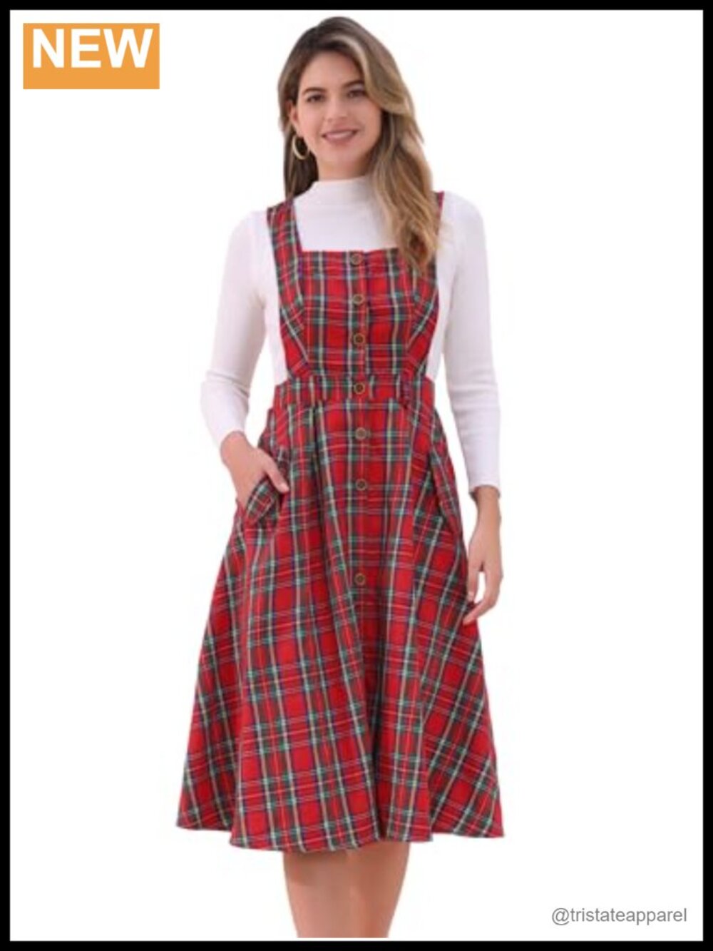 Plaid Overall Dress Sleeveless A-Line Pinafore Midi Square Neck